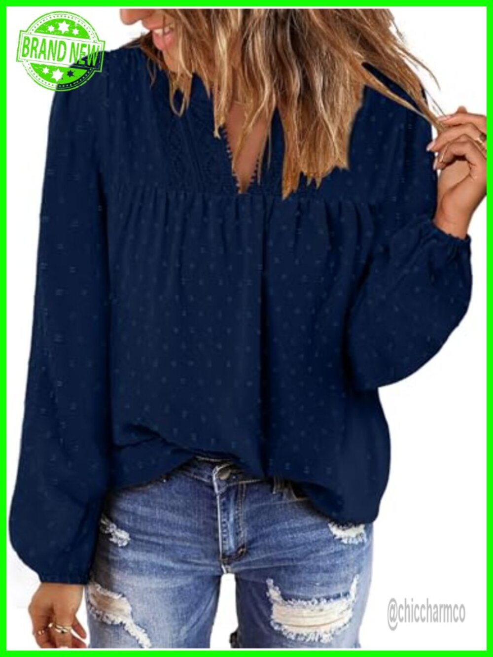 Women's Boho V-Neck Long Sleeve Swiss Dot Tunic Blouse – Casual Flowy Top